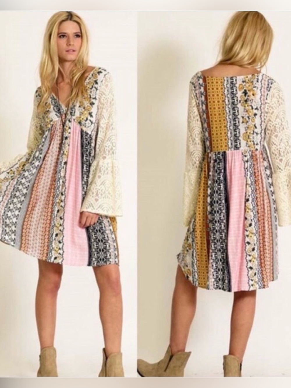 Boho Patchwork Lace Sleeve Mini Dress Bell Sleeve Bohemian Boutique Dress Size - Picture 6 of 6